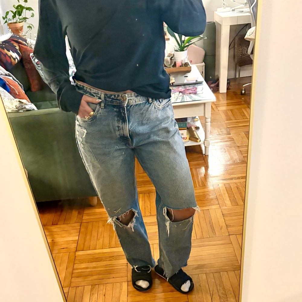 Zara Light Blue Distressed Straight-Leg Jeans